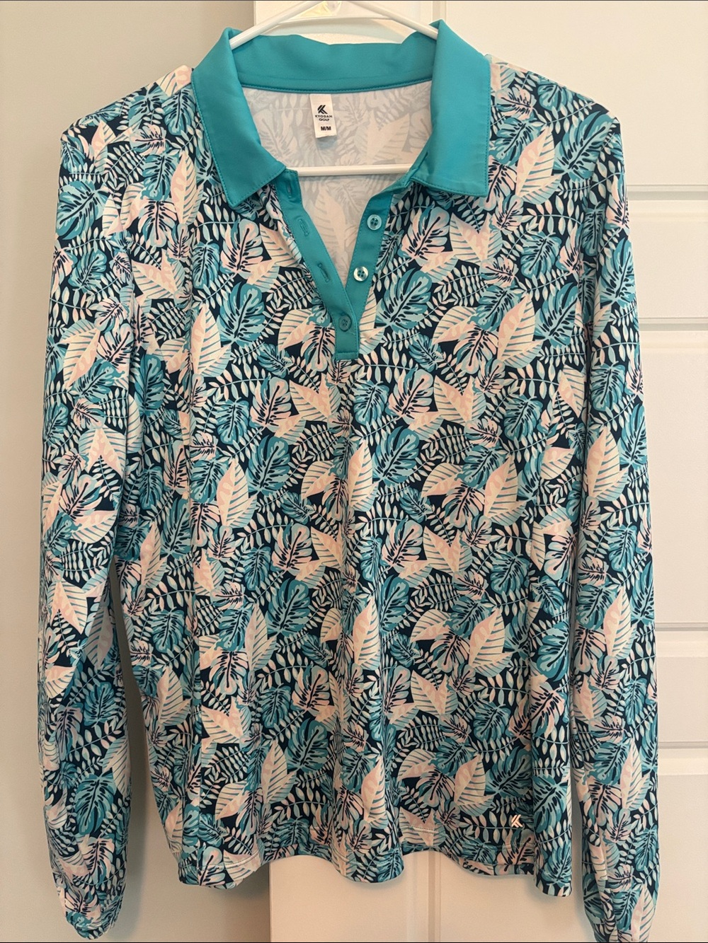 Kyodan Teal and White Leaf-Print Long Sleeve Polo